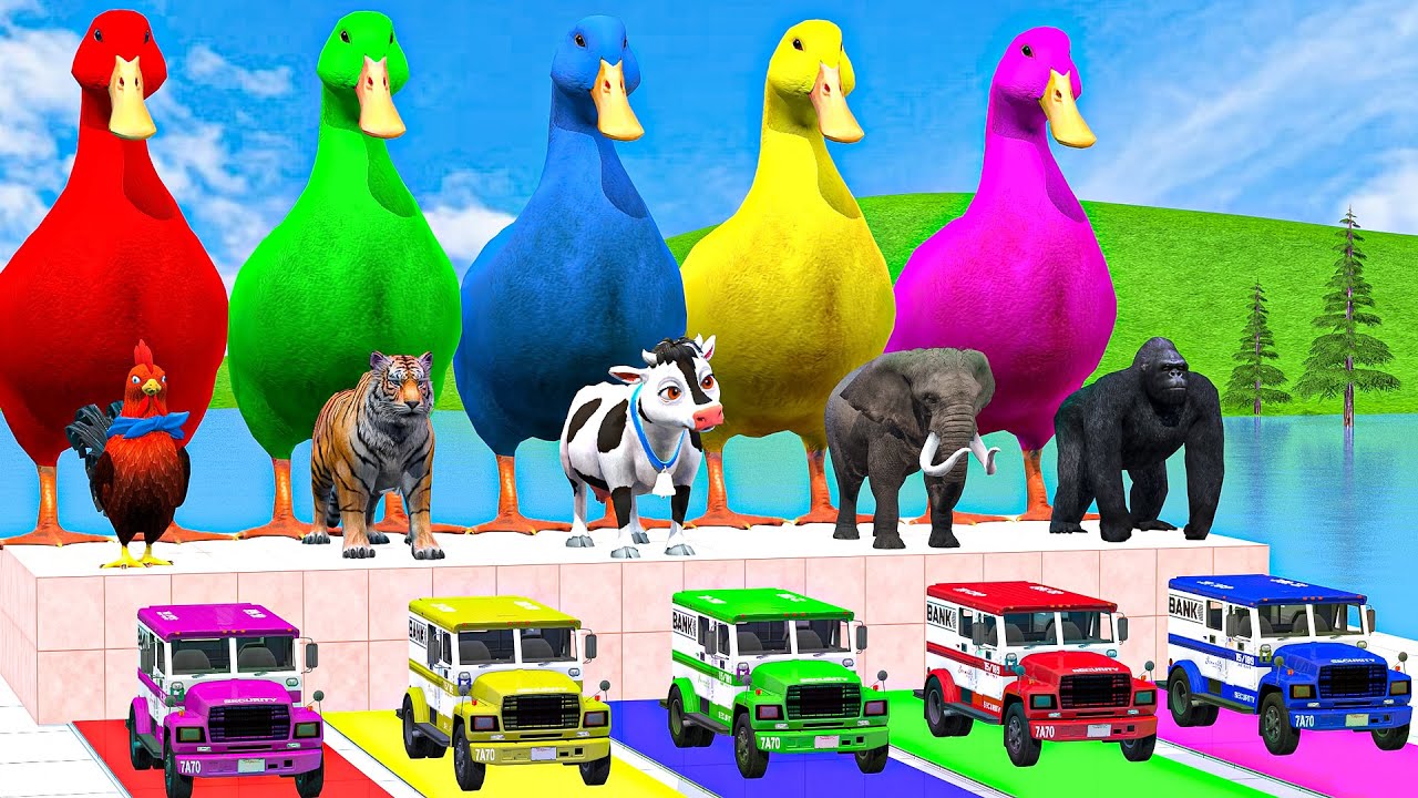 Long Slide Game With Cow Elephant Gorilla Hippopotamus Tiger - 3d Animal Game - Funny 3d Animals