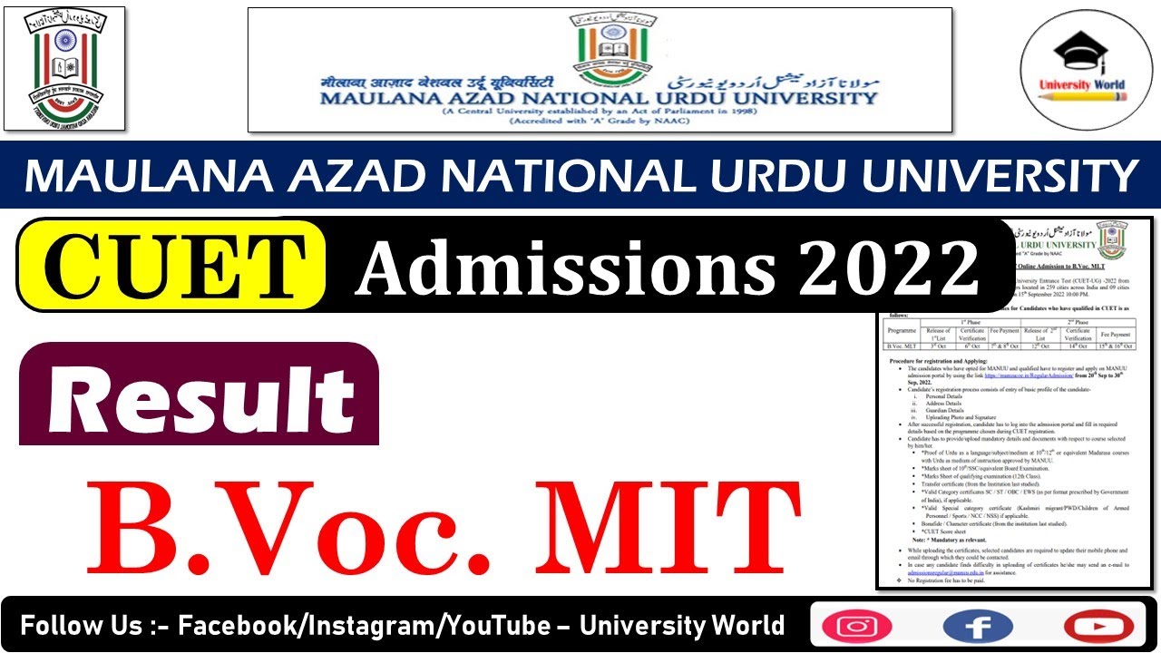 Manuu CUET B.Voc. MIT Result 2022 || Manuu CUET Result || CUET Selected List || 