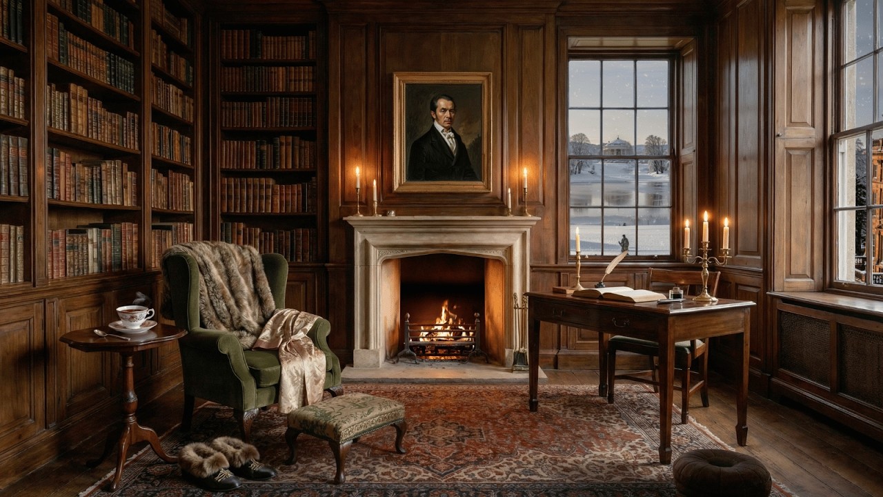 Mr. Darcy’s Study at Pemberley ❄️ Regency Fireplace Ambience | Cozy Library & Snowfall