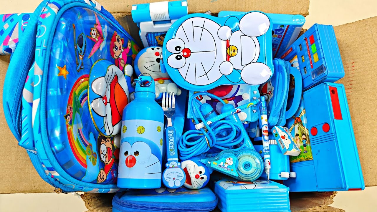 Unboxing Doraemon Stationery & toy collection, doraemon pencil box, school bag, coin bank, sharpener