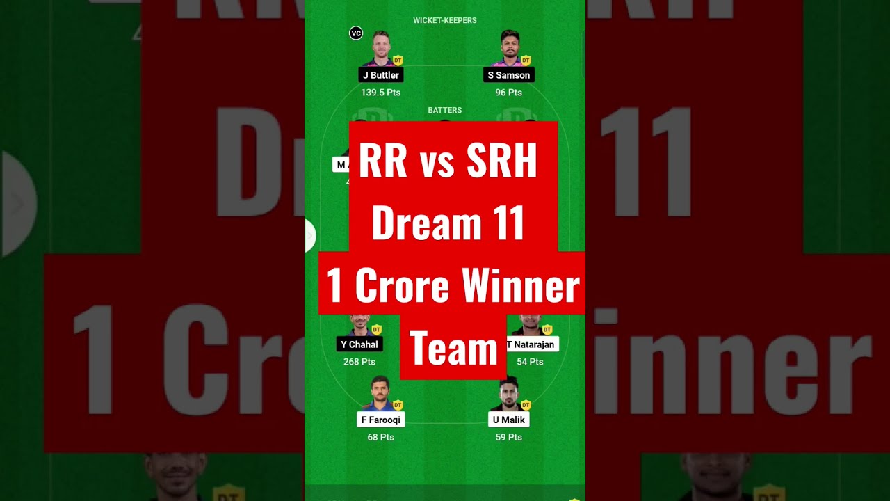 RR vs SRH Dream 11 1 Crore Winner Team 