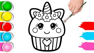 How to Draw & Color a Kawaii Unicorn Cupcake | Easy Step-by-Step for Kids