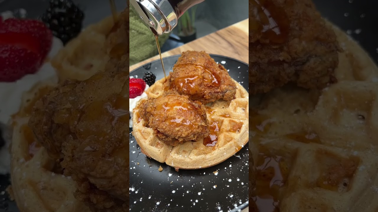 The FRIED CHICKEN & WAFFLES from The Grotto BK in Brooklyn, NYC are incredible! 🍗🧇 #DEVOURPOWER