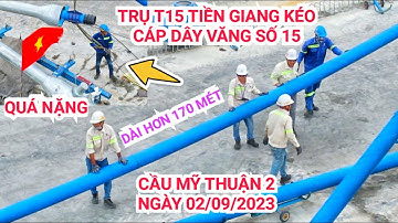 Khẩn trương! Trụ T15 tiến hành kéo các bó cáp dây văng số 15, quá dài đưa vào vị trí quá gian nan