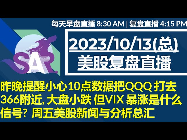 美股直播10/13[复盘] 昨晚提醒小心10点数据把QQQ 打去 366附近, 大盘小跌 但VIX 暴涨是什么信号?  周五美股新闻与分析总汇