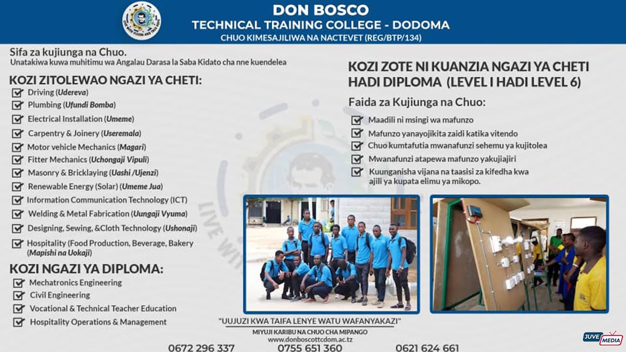 CHUO CHA UFUNDI DONBOSCO  DODOMA-KINAWAKARIBISHA  KUJIUNGA NA  MUHURA MPYA  WA MASOMO SEPTEMBA  2025