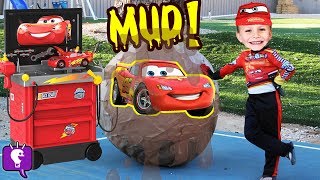 giant mud smash egg with lightening mcqueen and hot wheels toys