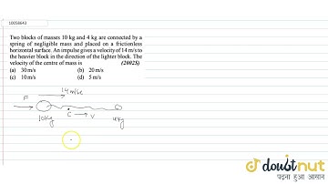 Two blocks of masses 10 kg and 4 kg are connected by a spring of negligible mass and placed on a...