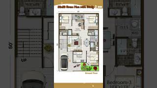 35’× 50’ House Plan,  3 BHK, 3 Bath  Study & Car  Parking, 35 by 50 , 35*50 Home Design