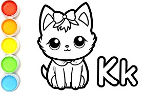 K for Kitten | Menggambar dan Mewarnai Anak kucing lucu dan huruf K | Cat Coloring Page