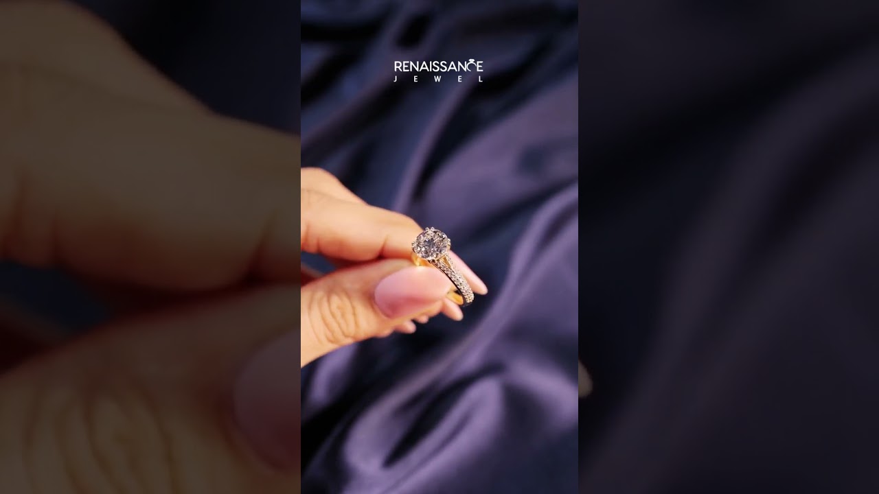 Yellow gold Round Solitaire Pave Split Shank Engagement Ring with Six-Prong Setting