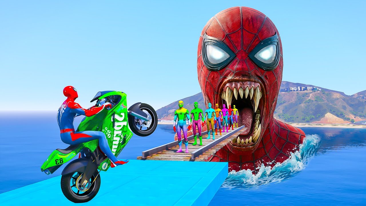 SPIDER MAN! 🏍️on Motorcycle in Spiral Bridge Stunt Ride Superheroes on ...