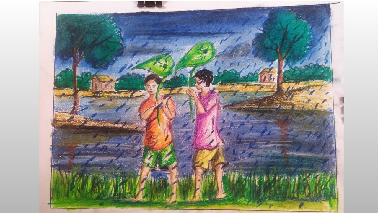 How to draw the oil pastels colour rainy season drawing।। village ...