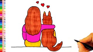 Köpeğe Sarılan Kız Çizimi - Köpek Ve Kız Çizimi - Köpek Çizimleri - Kız Çizimleri