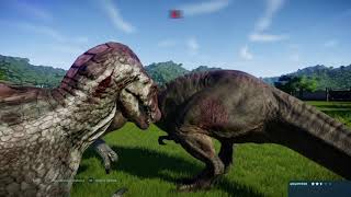 Jurassic World Evolution: 4 Carnos vs 3 spinos vs 3 t rexes vs 2 Indoraptor vs Indominus (Part 1)