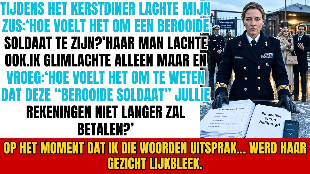 “Hoe voelt het om een blut militairtje te zijn?” Mijn zus gooide die woorden naar me midden in het kerstdiner, terwijl haar man lachte en mijn salaris belachelijk maakte. Ze hadden geen idee dat...