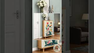 Folk Art Inspired Shoe Cabinet Storage Organizer Entryway Furniture Rustic Decorative Rack