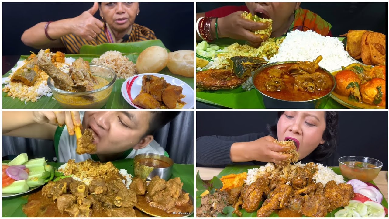 Asmr🔥Eating Aalor Dom, Chingrir Jhol, Spicy bhetki Fish Curry, Mutton Kosha 🤤with Luchi & Rice😋