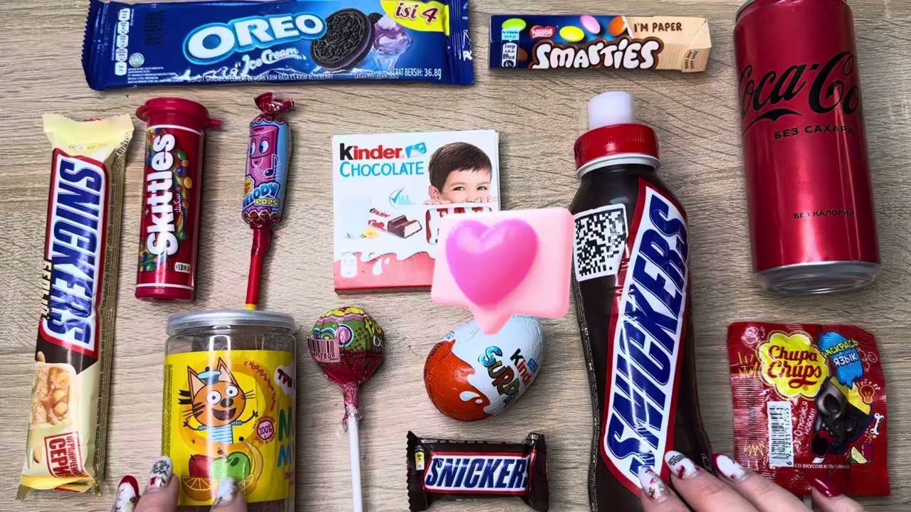 🍭ASMR Unpacking Snickers 👀 SMARTIES multi-colored chocolate dragees SKITTLES🧡marmalade THREE CATS