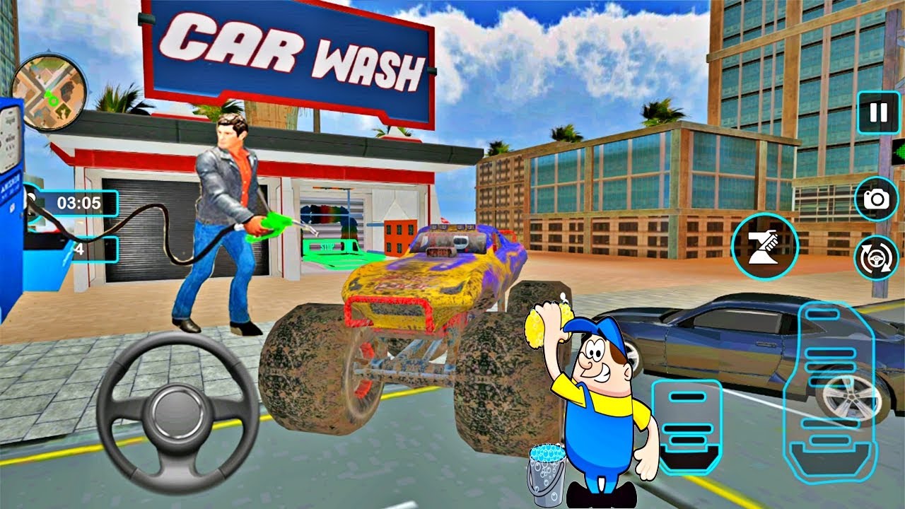 Monster Truck Driving in Car Wash Garage Service Modern Auto