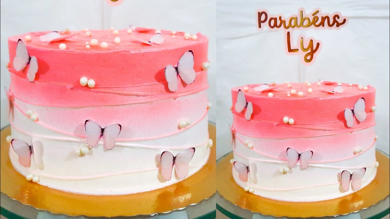 Bolo Rosa Perolado - Wave cake com borboletas - Karine Cakes