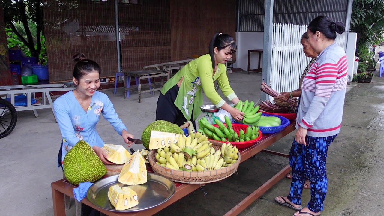 Đốn Trái Mít Chín và Mấy Quầy Chuối Xiêm Hai Chị Em Xẻ Mít Miếng bán cho Bà Con | HQ #1624