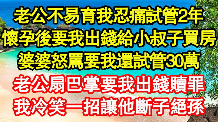 老公不易育我忍痛试管2年，怀孕后要我出钱给小叔子买房，婆婆怒骂要我还试管30万，老公扇巴掌要我出钱赎罪，我冷笑一招让他断子绝孙 真情故事会||老年故事||情感需求||爱情||家庭 - 天天要闻