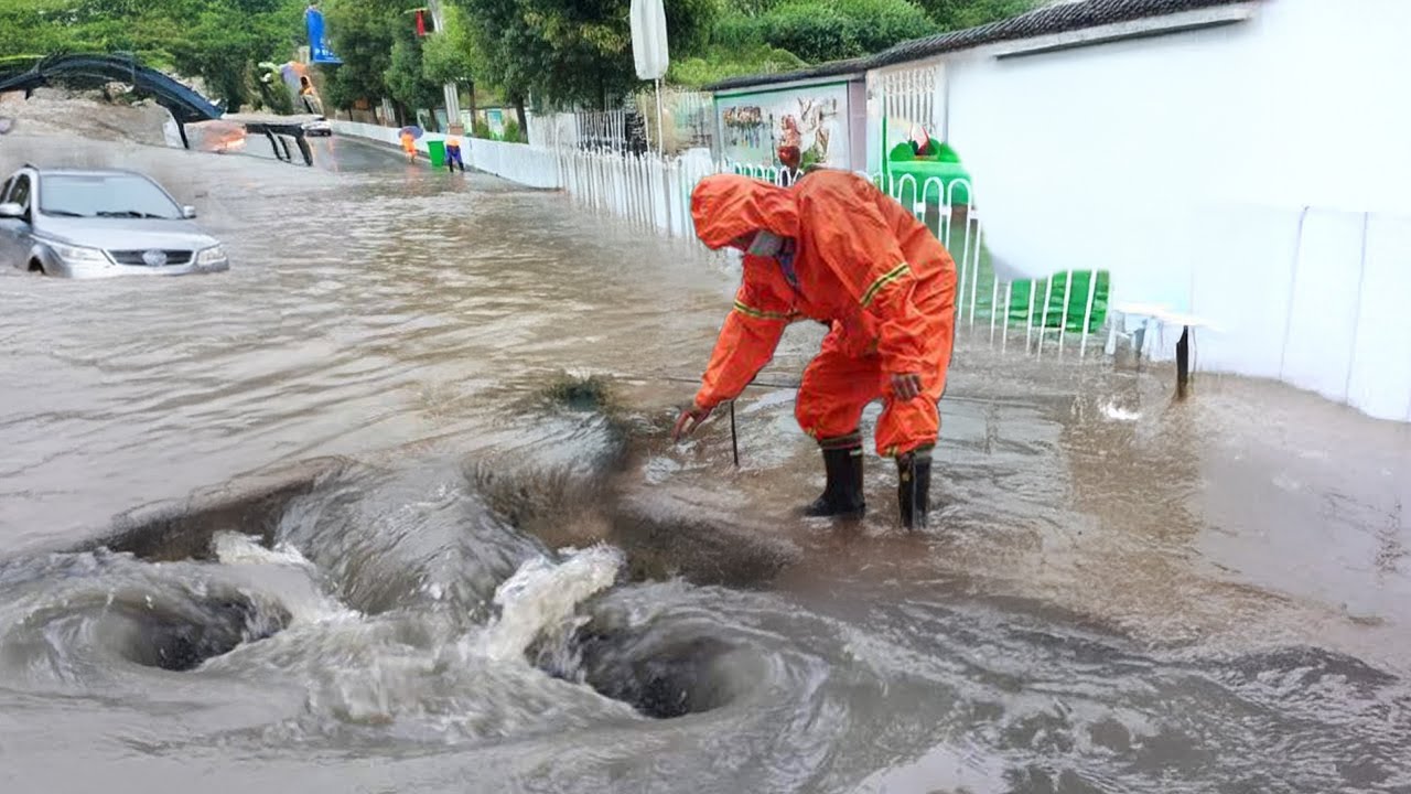 Unclogging Drains During Heavy Rain Street Rescuers Save the Day! - YouTube