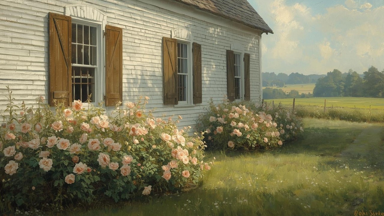 White Farmhouse Rose Garden Vintage Painting | Frame TV Art | 2-Hour Screensaver