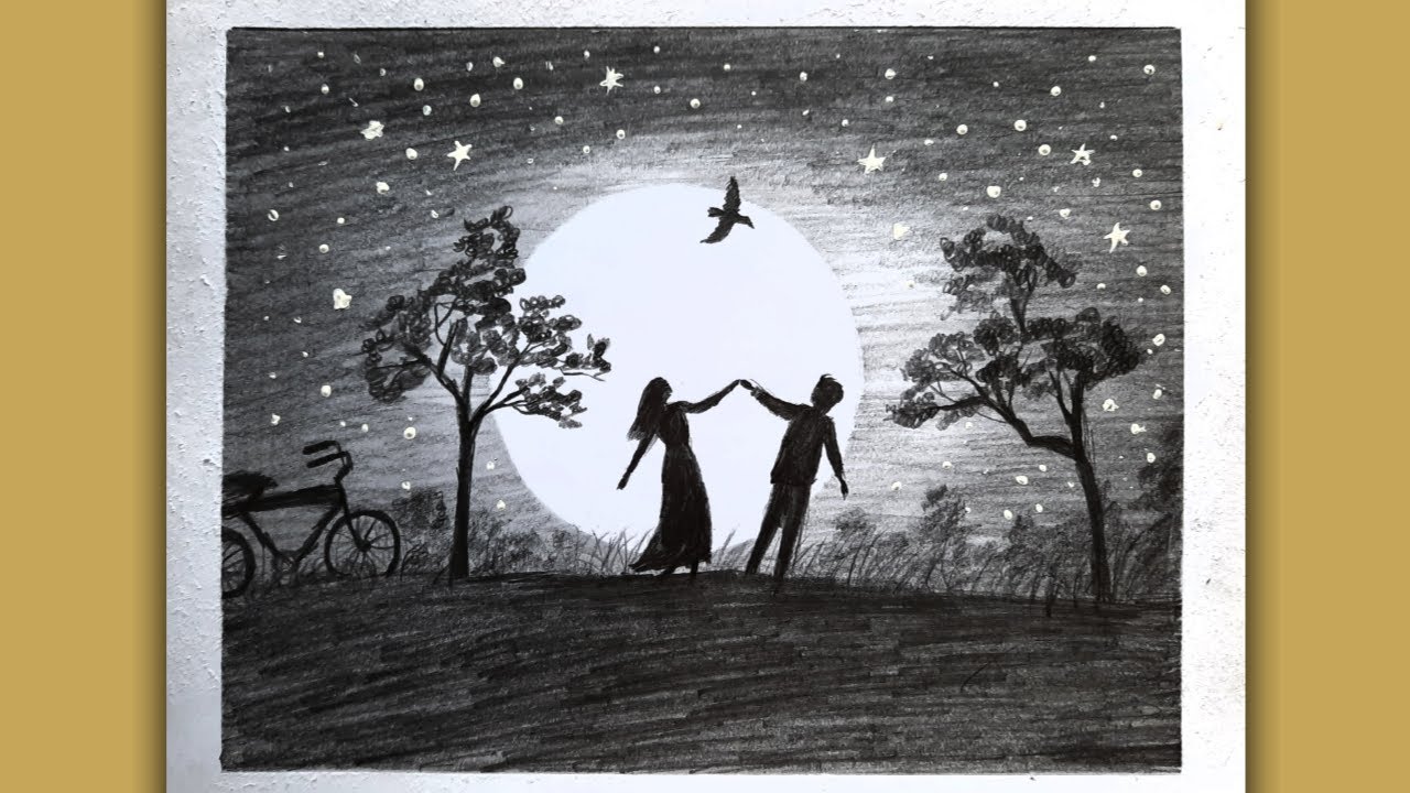 How to draw Romantic Couple sitting on the Moon, Pencil sketch step by  step