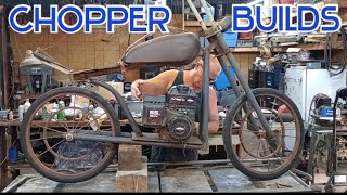 rustic chopper build made from antique power mower wheels, Briggs and Stratton, yard art