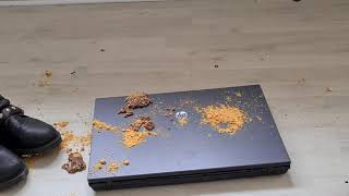 Girl Trampling And Crushing Candy In Boots On Laptop