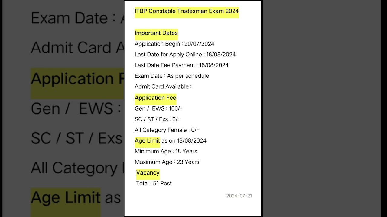 ITBP Constable Tradesman Exam 2024