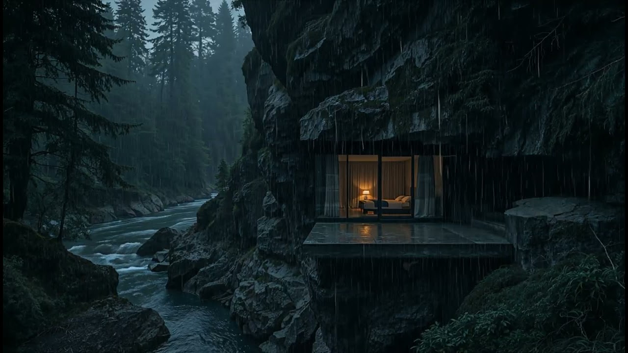 Forest River Rain for Deep Sleep – Cozy Cliffside Cabin Night | No Thunder