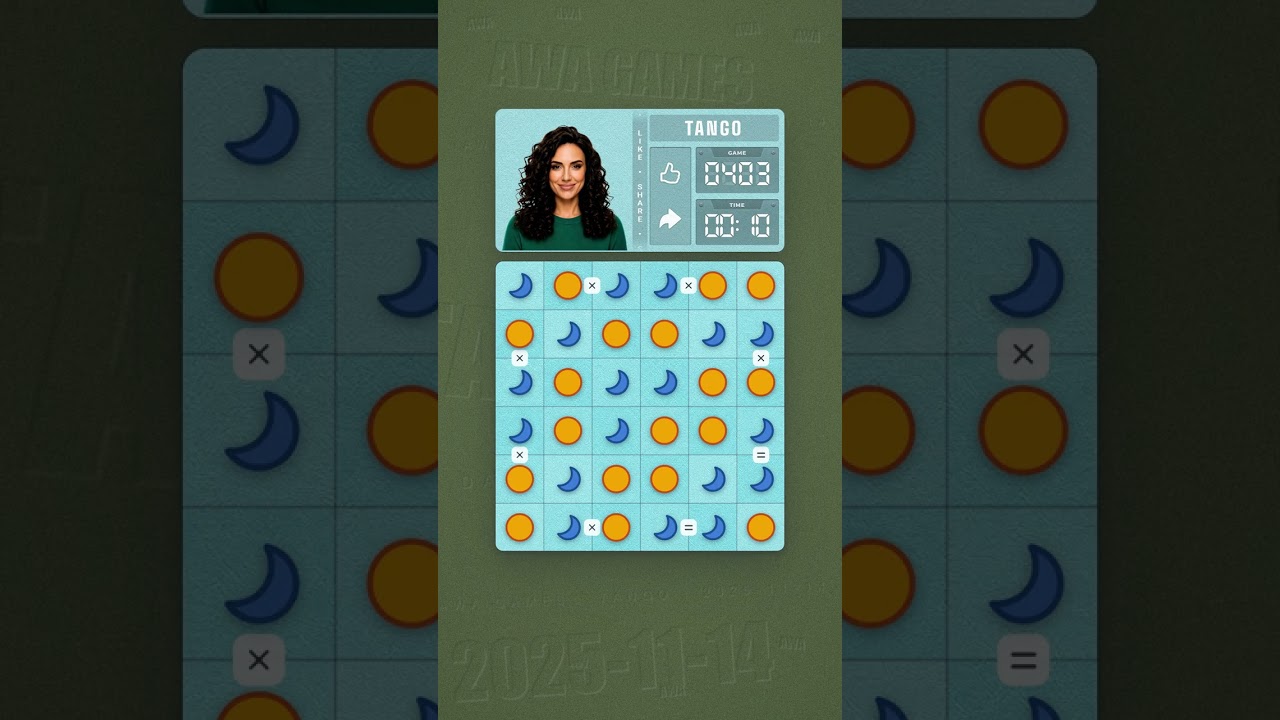 LinkedIn Tango #403 solved board for November 14, 2025, 6x6 grid