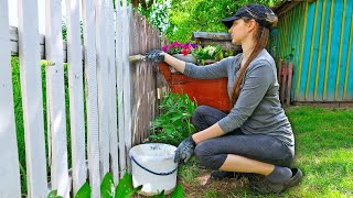 Work in Ukrainian village, painting an old fence, delicious lunch and countryside aesthetics