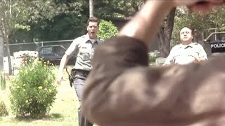 Drowning Mona: Jeff Dearly tells the sheriff to stay back. The cop says 'No! He's not a sheriff!'