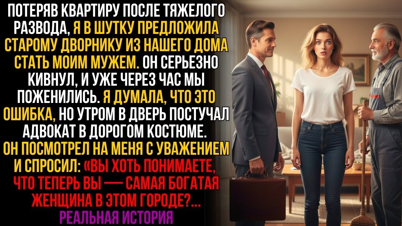 В шутку позвала дворника замуж. Утром мы женаты. Адвокат заявил 'Вы — самая богатая женщина города!'