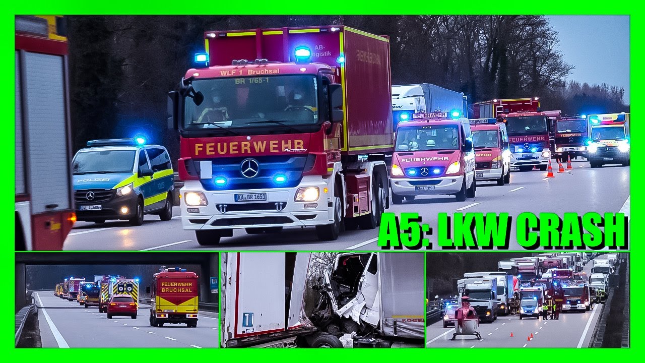A5 - Bruchsal ++ LKW Crash ++ [🚒 Blaulichtparade beim Abrücken der Einsatzfahrzeuge 🚒]