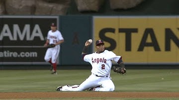 HOU@LAA: Aybar throws while falling to get the out