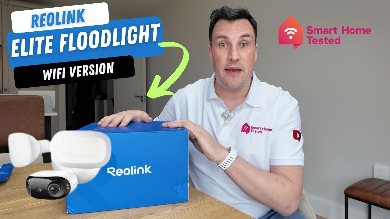Derek Reilly from Smart Home Tested holding a Reolink Blue Box and a YouTube Thumbnail 