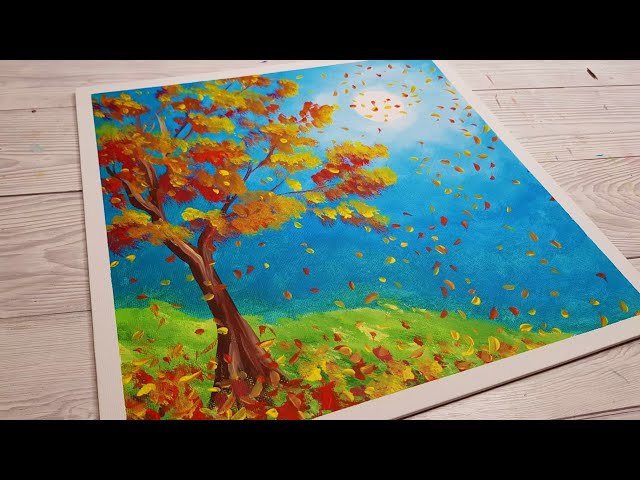 Fall Rock Painting Tutorial: Autumn Tree with Falling Leaves - I