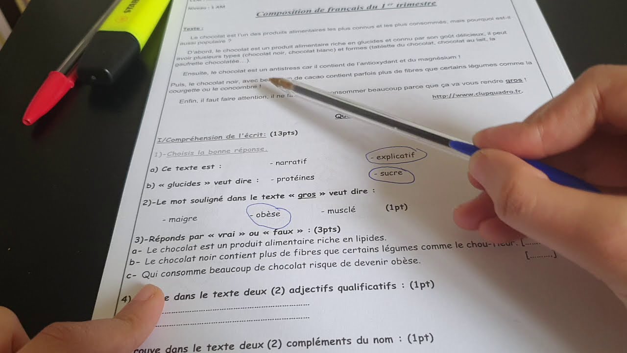 اختبار الفصل الاول لغة فرنسية سنة اولى متوسط