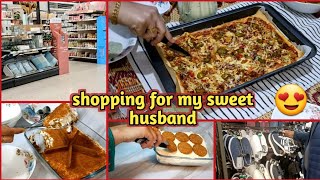 Shopping for husband | Puff pizza recipe | lotus dessert recipe