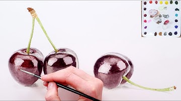 How to paint shiny 3D cherries in watercolor