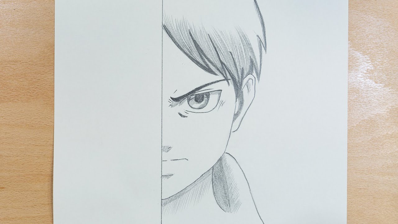 desenho de anime fácil, como desenhar metade do rosto Eren Jaeger