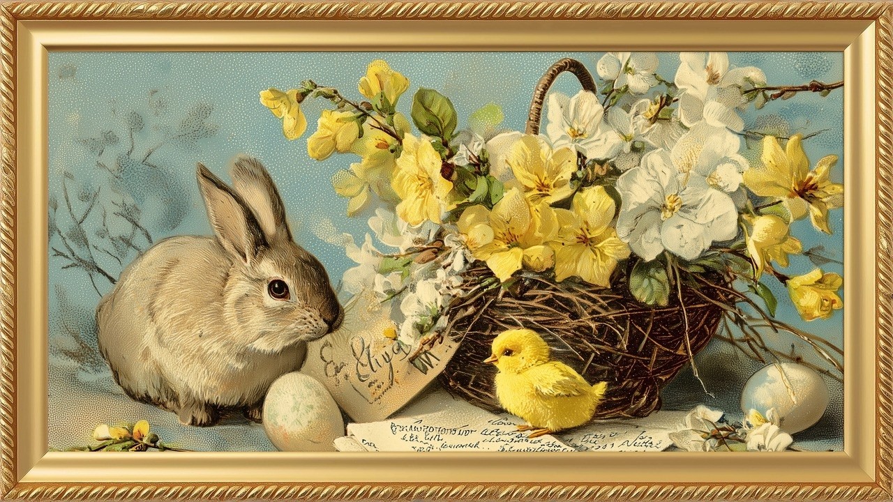 Vintage Easter Scene with Bunny and Chick | Frame TV Art | 4K Screensaver Wallpaper