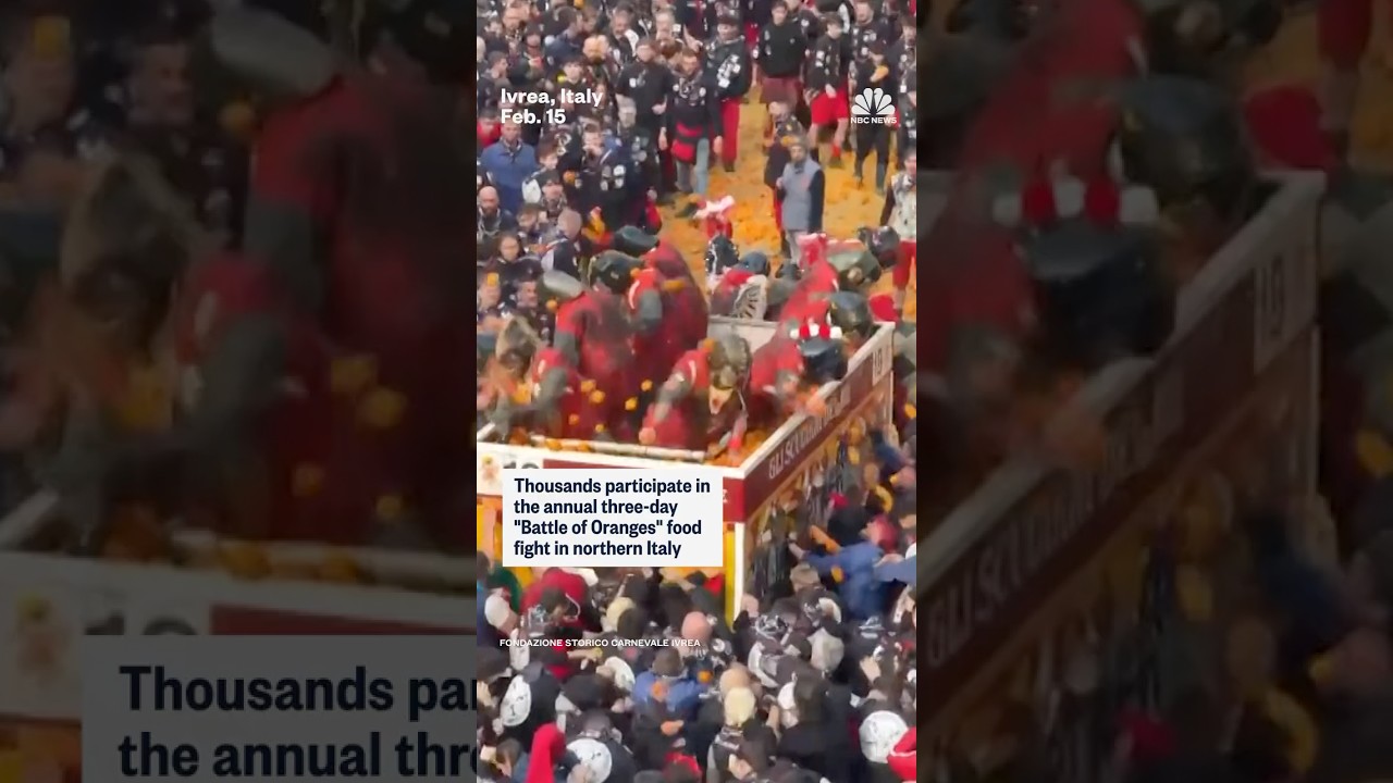 Thousands participate in the annual three-day “Battle of Oranges” food fight in northern Italy
