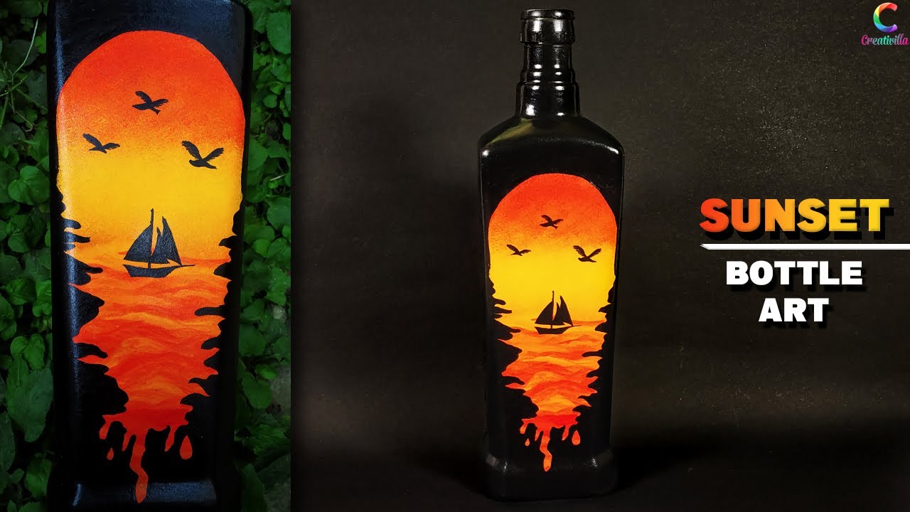 Sunset Bottle Art | Bottle Art Design Ideas | Easy Bottle Painting ...