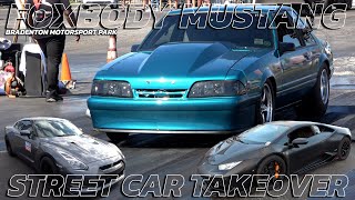 Foxbody Mustang vs GTR vs Lamborghini : 1000+ HP Drag Race! @ Street Car Takeover